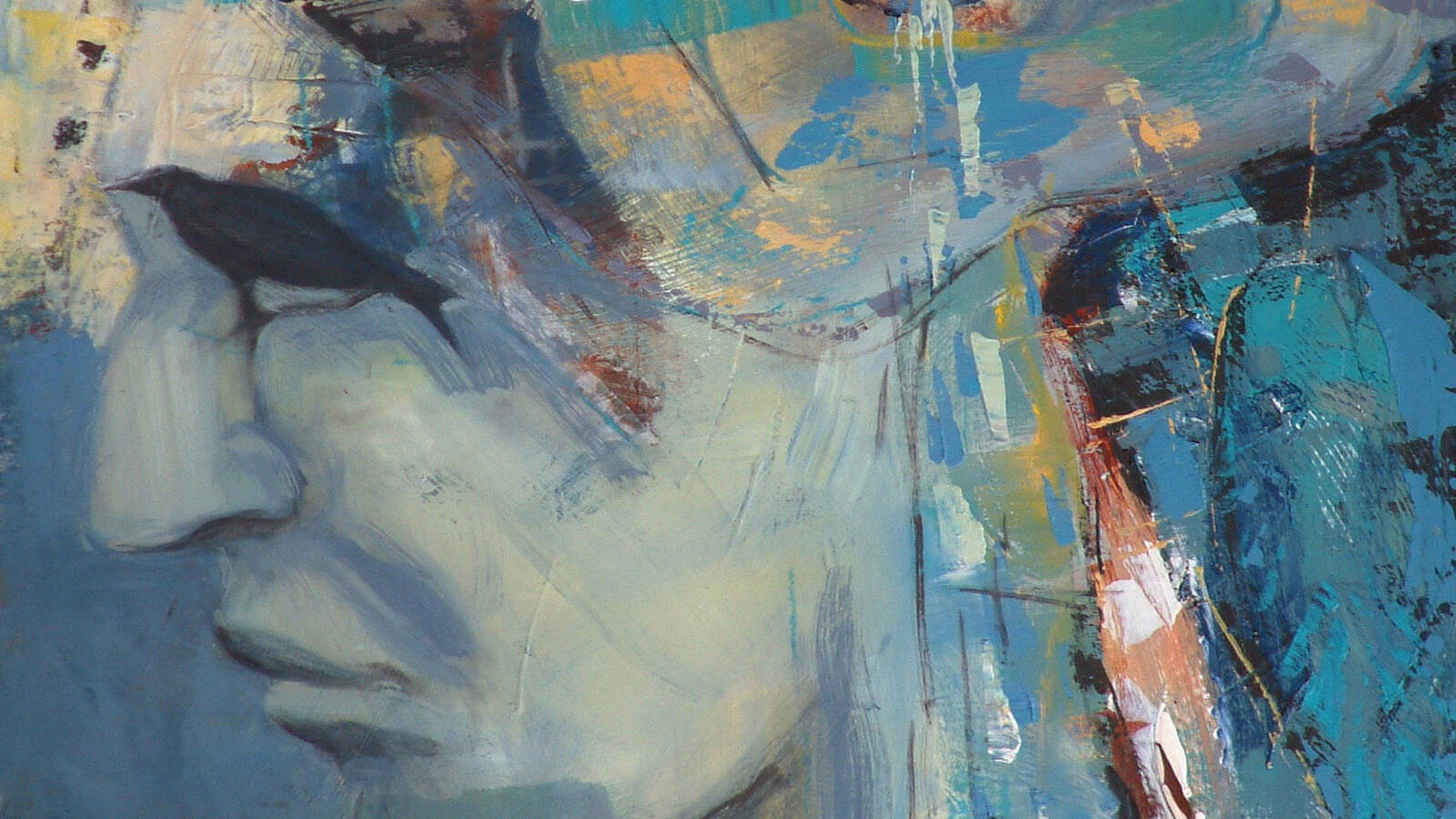 Abstract contemporary painting in blue tones by Dominique Normand