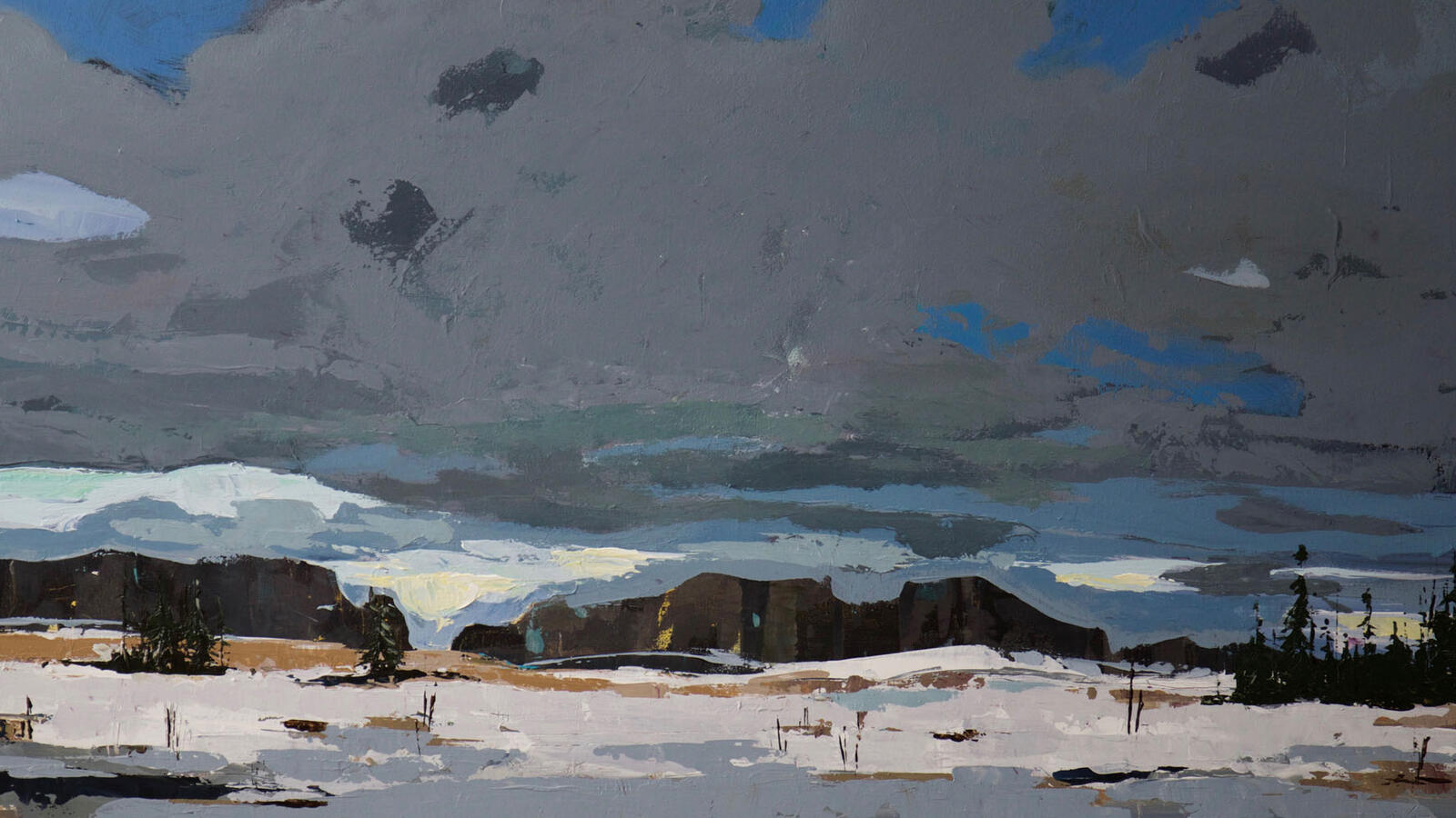 Abstract contemporary painting in blue and yellow tones by Dominique Normand