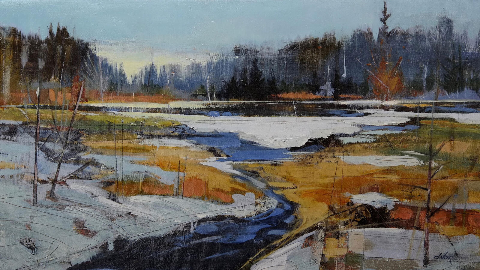 Abstract contemporary painting in blue tones by Dominique Normand