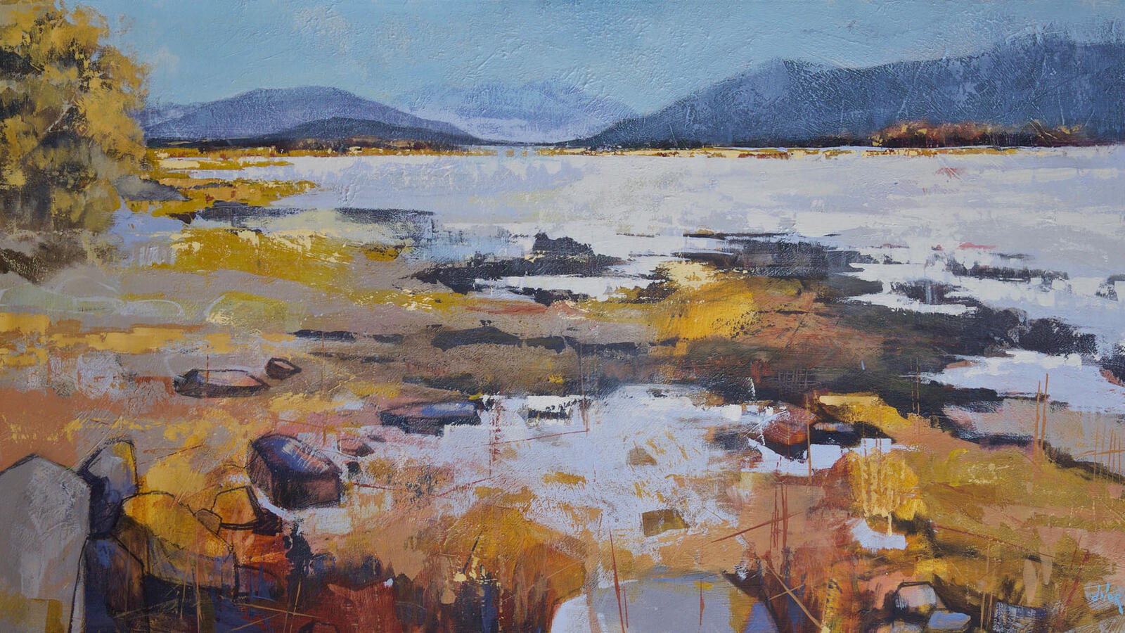 Abstract contemporary painting in blue tones by Dominique Normand