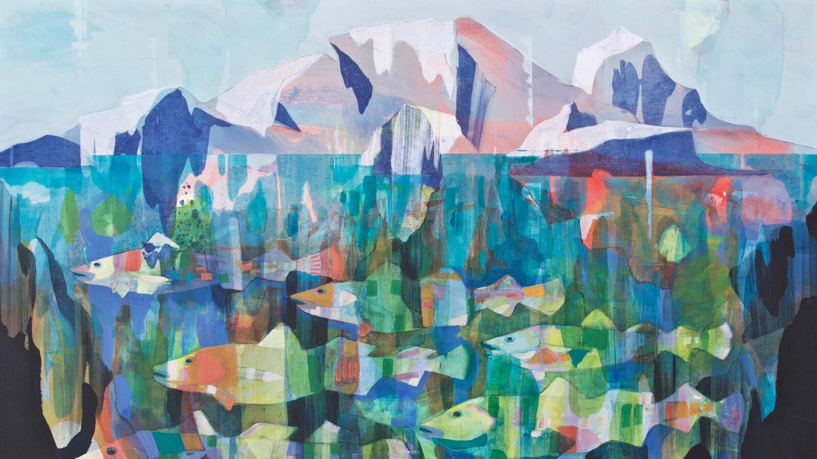 Abstract contemporary painting in blue and turquoise tones by Dominique Normand