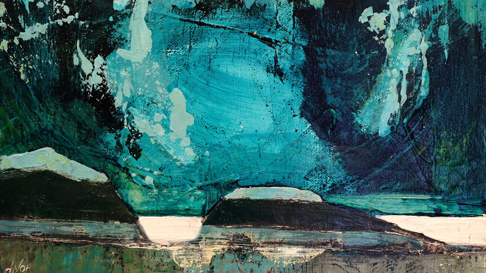 Abstract contemporary painting in blue and turquoise tones by Dominique Normand