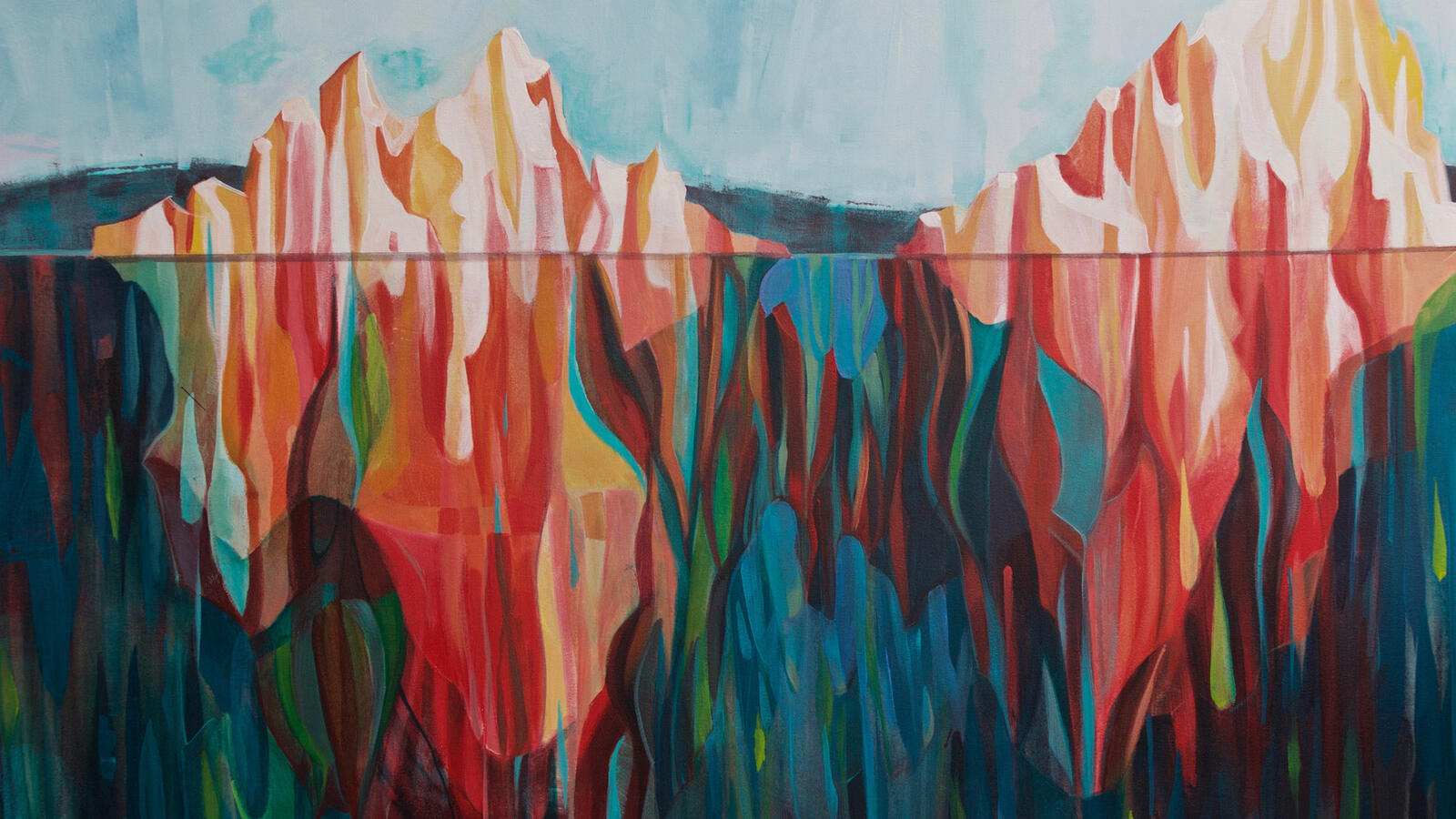 Abstract contemporary painting in blue and red tones by Dominique Normand