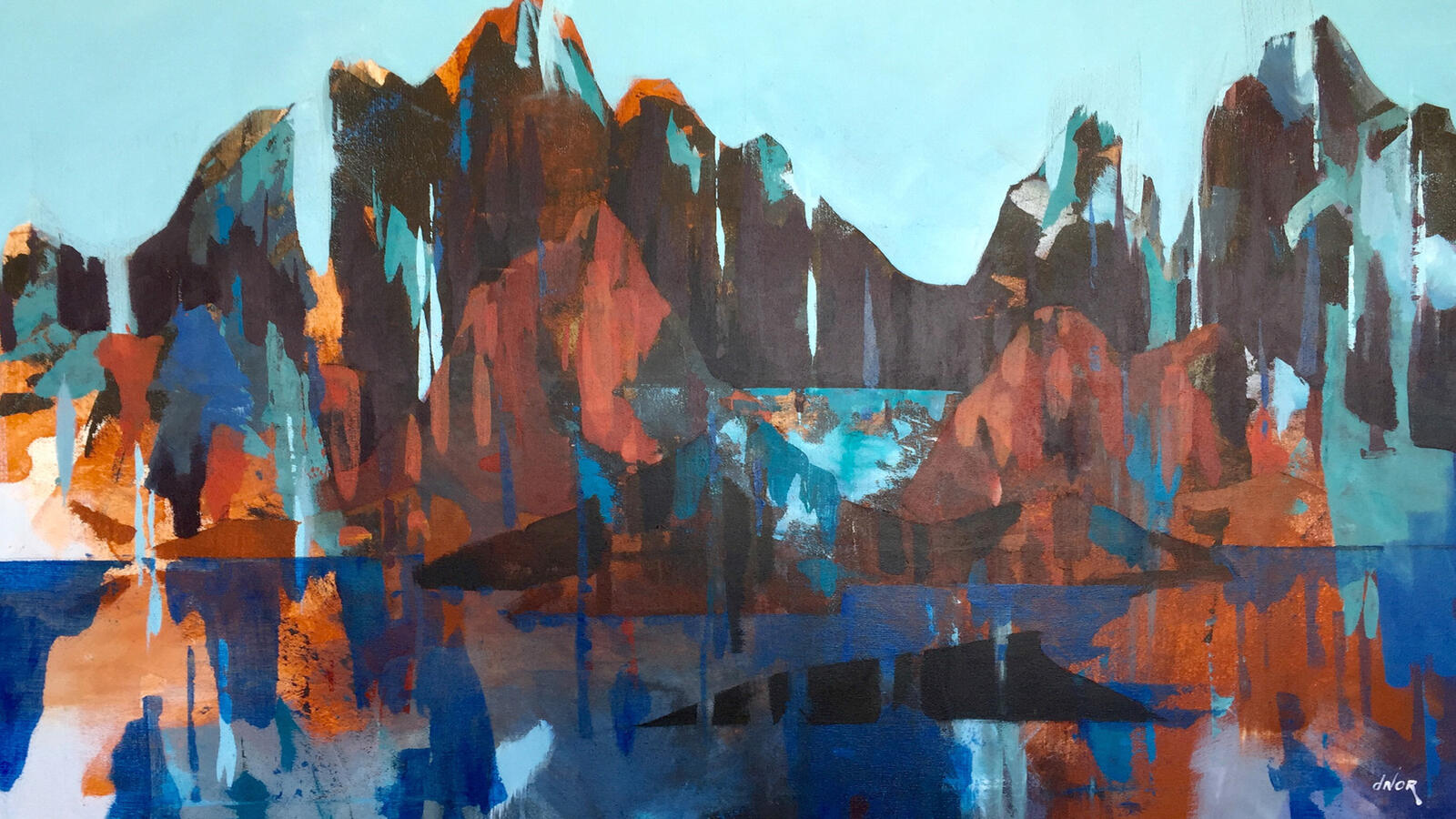 Abstract contemporary painting in blue and turquoise tones by Dominique Normand
