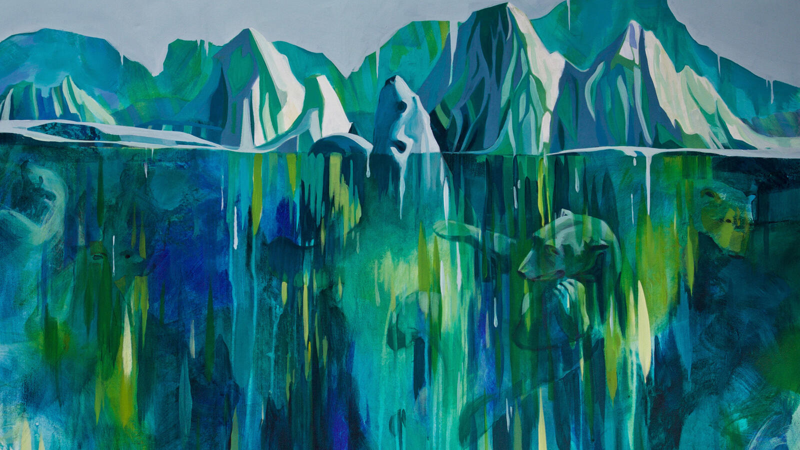 Abstract contemporary painting in blue and turquoise tones by Dominique Normand