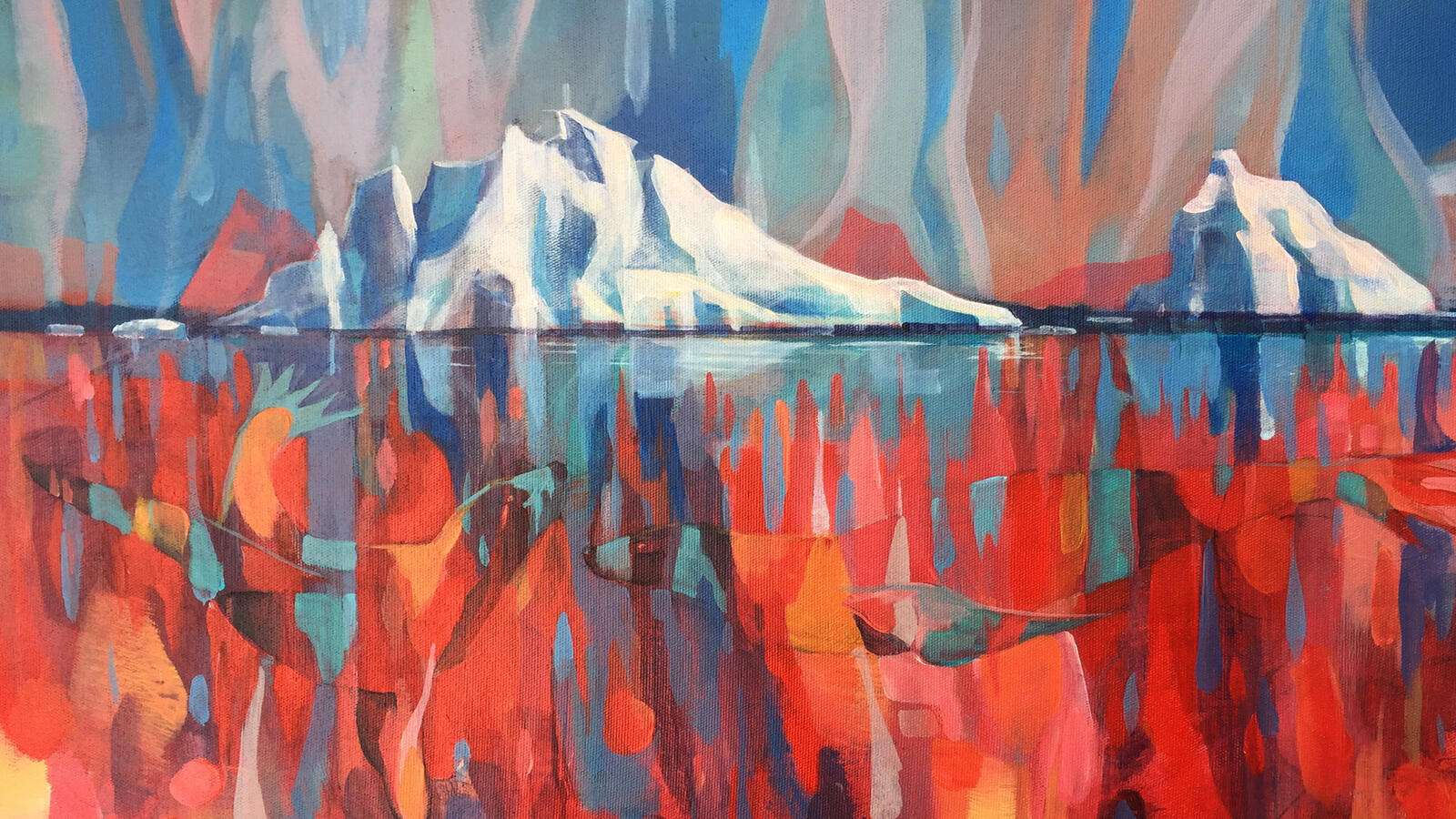 Abstract contemporary painting in blue and red tones by Dominique Normand